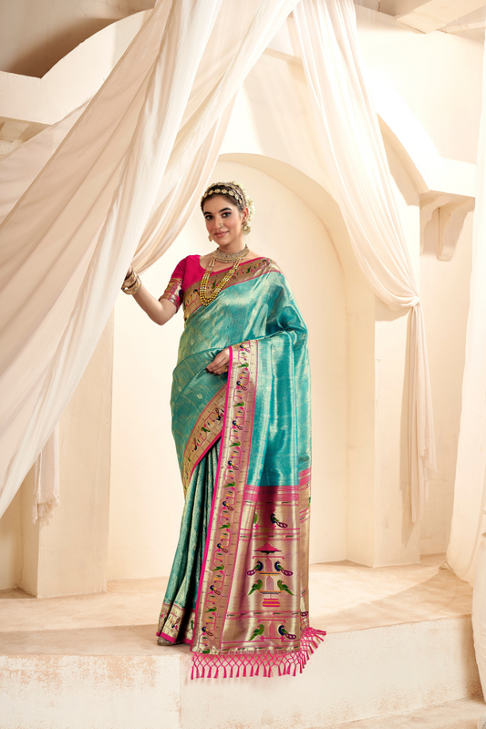 Pure Paithani Tissue Silk Saree with Rich Zari Border - LaVante Fashion