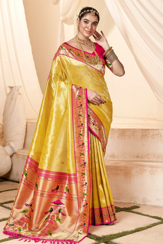 Pure Paithani Tissue Silk Saree with Rich Zari Border - LaVante Fashion