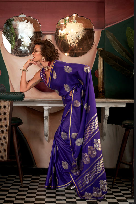 Banarasi Satin Silk Saree with Dual Zari Motifs Finish