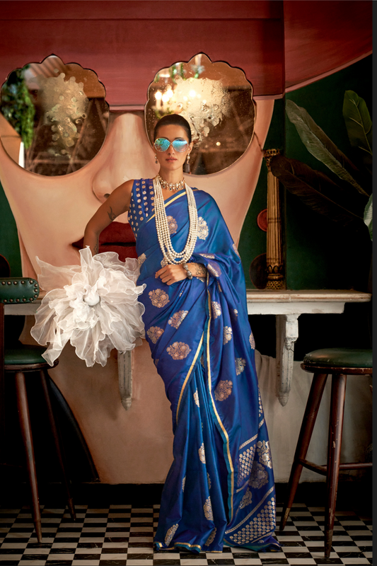 Banarasi Satin Silk Saree with Dual Zari Motifs Finish