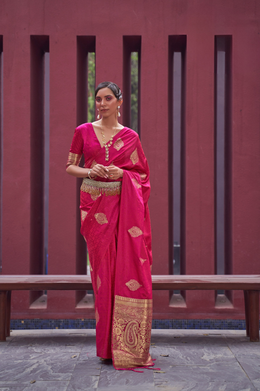 Printed Silk Saree with Zari Border and Tassels