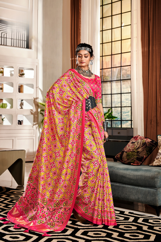 Pure Tussar Silk Saree with Patola Print & Lagdi Patta Pallu - LaVante Fashion