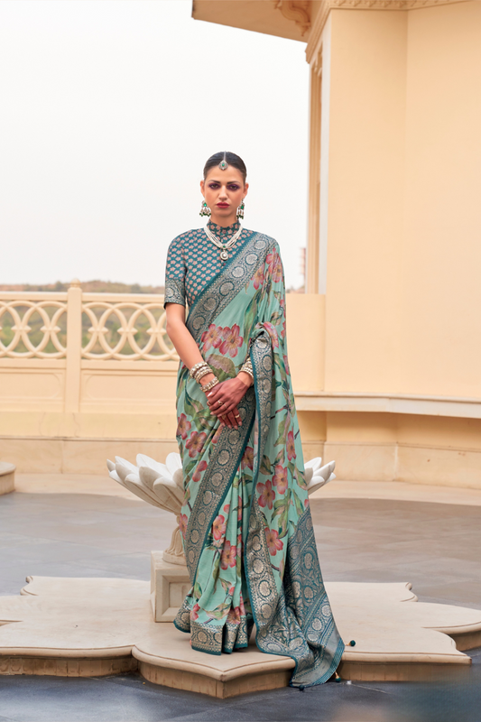 Modern Foil Printed Silk Saree with Aqua Inspired Finish