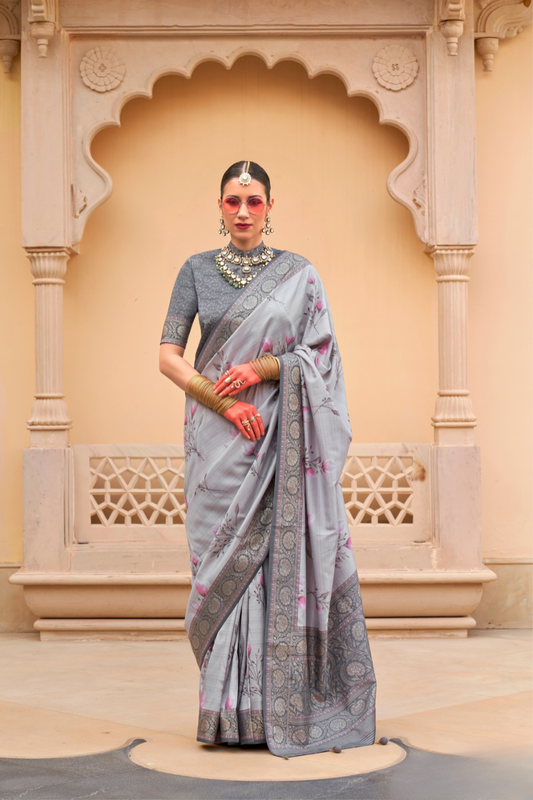 Modern Foil Printed Silk Saree with Aqua Inspired Finish