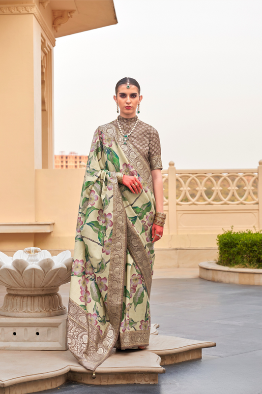 Modern Foil Printed Silk Saree with Aqua Inspired Finish