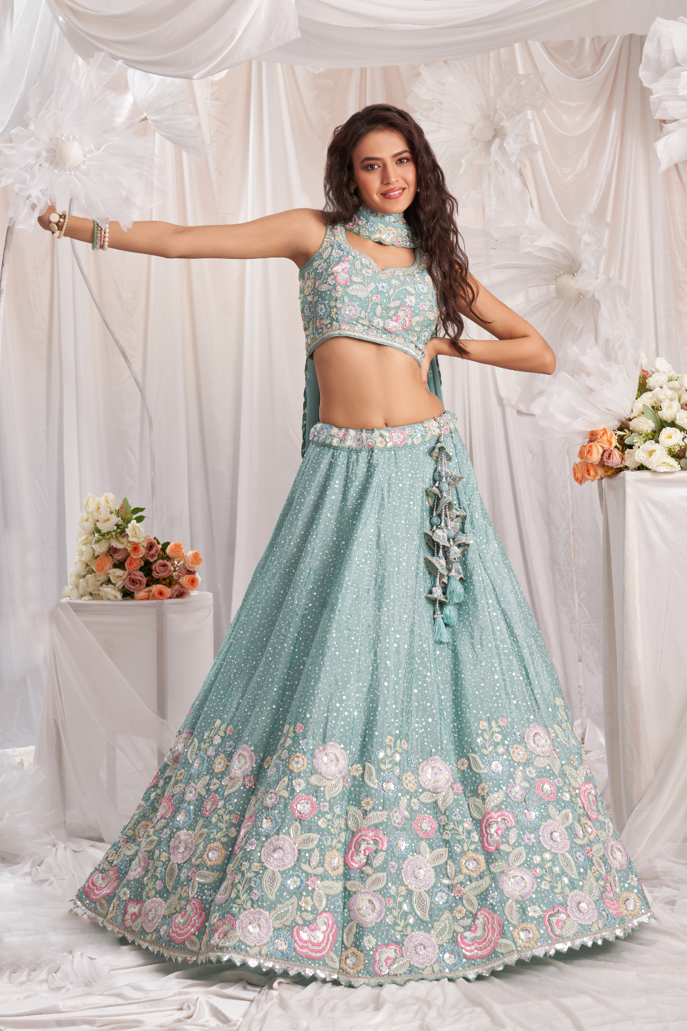 Pure Chiffon Sequins And Thread Embroidery Lehenga Choli Dupatta