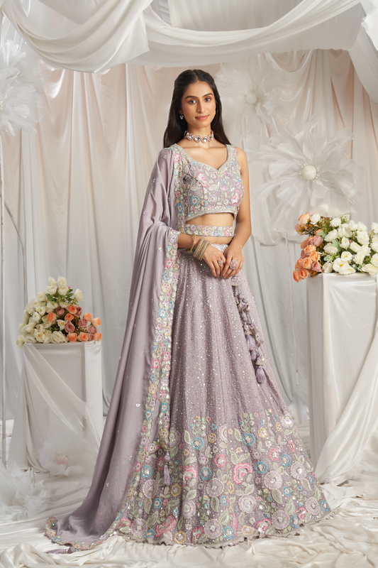 Pure Chiffon Sequins And Thread Embroidery Lehenga Choli Dupatta