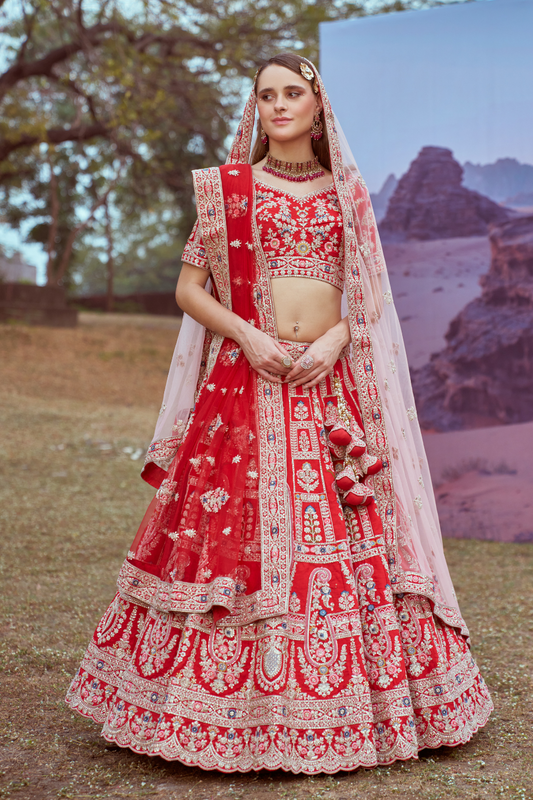 Pure Silk Moti And Cording Embroidery Bridal Lehenga Choli Dupatta