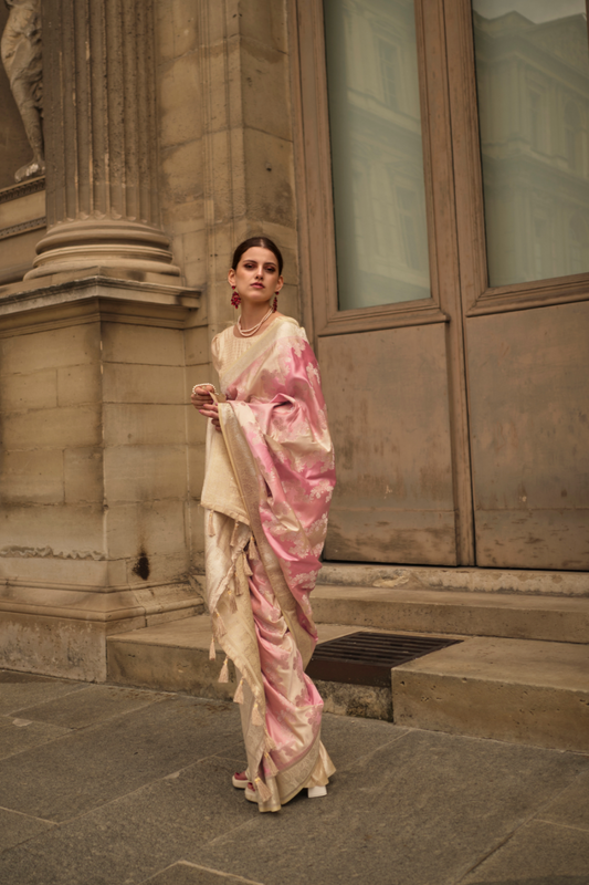 Banarasi Woven Satin Silk Blend Saree with Tassel Accents