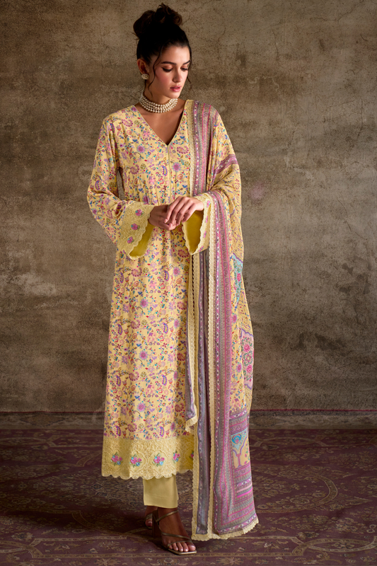 Pure Muslin Salwar Suit with Digital Print & Kashmiri Embroidery