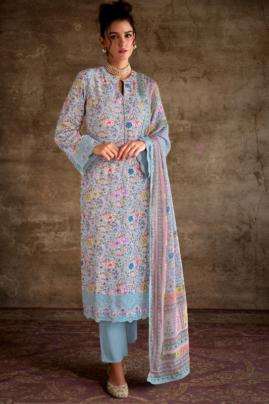 Pure Muslin Salwar Suit with Digital Print & Kashmiri Embroidery