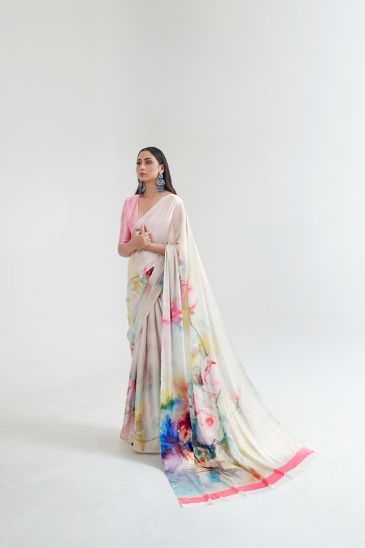 Kouture Digital Satin Silk Saree in Japan Creep Fabric