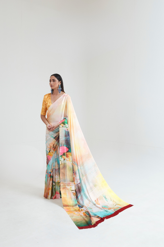 Kouture Digital Satin Silk Saree in Japan Creep Fabric