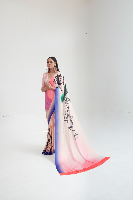 Kouture Digital Satin Silk Saree in Japan Creep Fabric