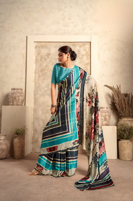 Glossy Soft Satin Fabric with Contemporary Digital Design