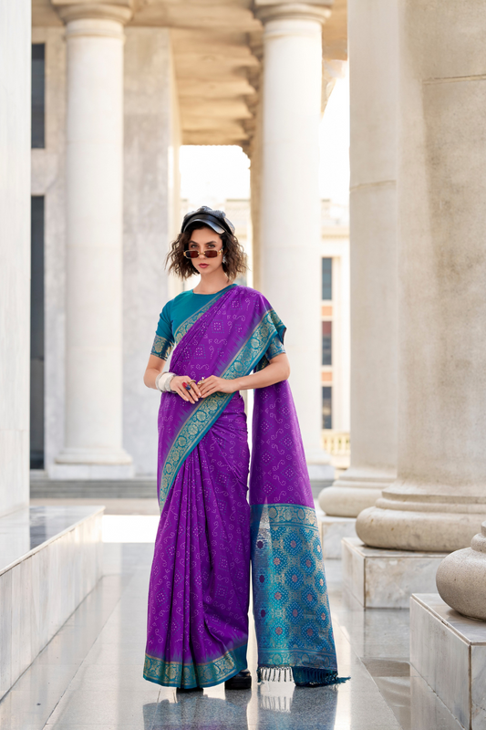 Soft Silk Saree with Ikkat Bandhani Fusion Design - LaVante Fashion
