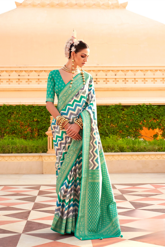 Foil Printed Poly Viscose Silk Saree with Elegant Aqua Finish