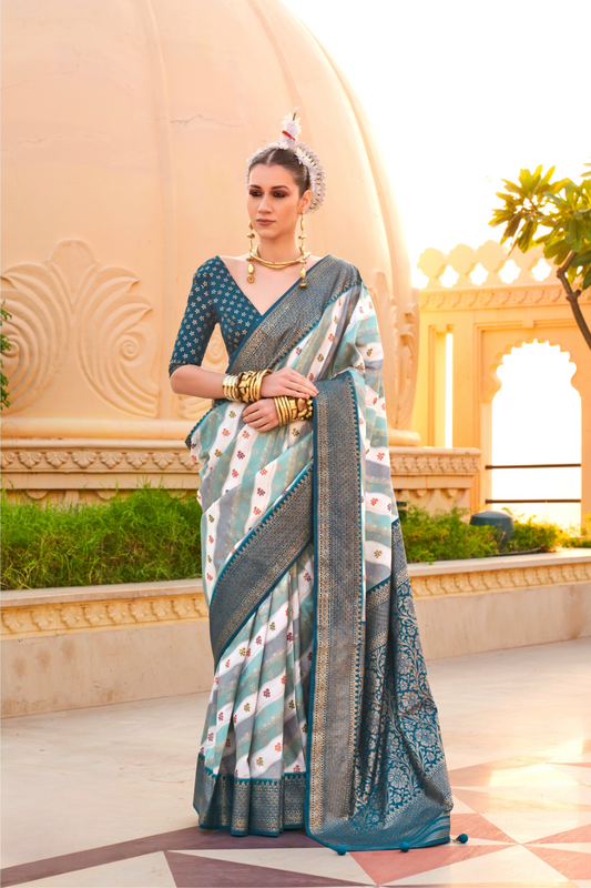 Foil Printed Poly Viscose Silk Saree with Elegant Aqua Finish