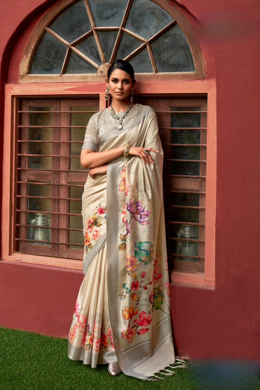 Super Tussar Silk Saree with Excellent Digital Floral Print - LaVante Fashion