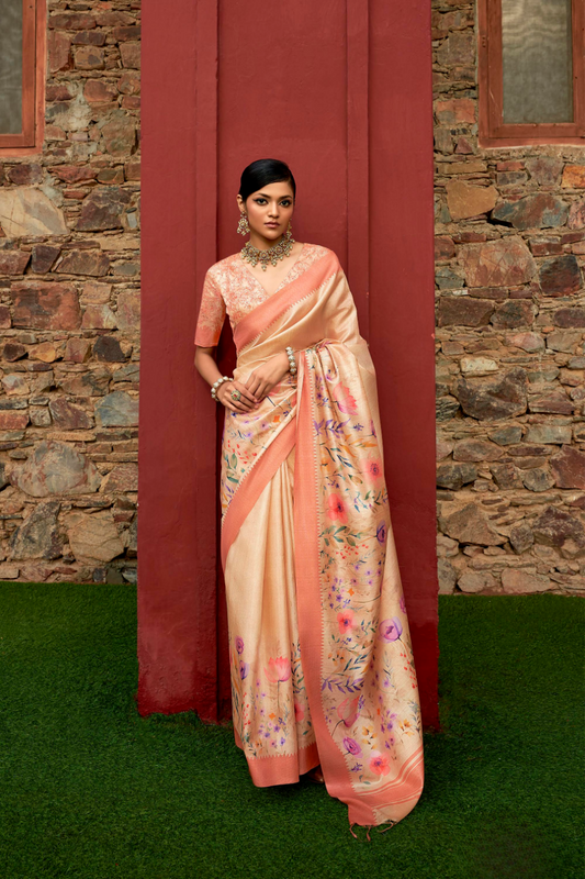 Super Tussar Silk Saree with Excellent Digital Floral Print - LaVante Fashion