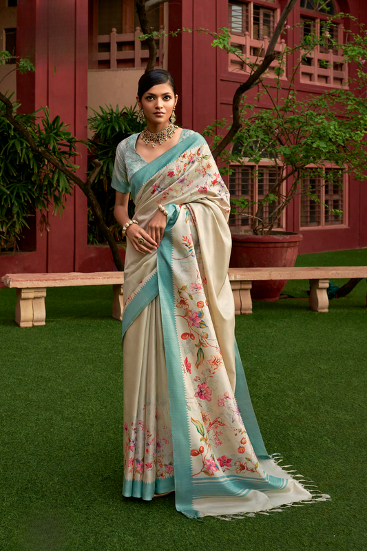 Super Tussar Silk Saree with Excellent Digital Floral Print - LaVante Fashion