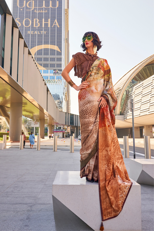 Stylish Swiss Satin Saree with Premium Digital Artwork Prints