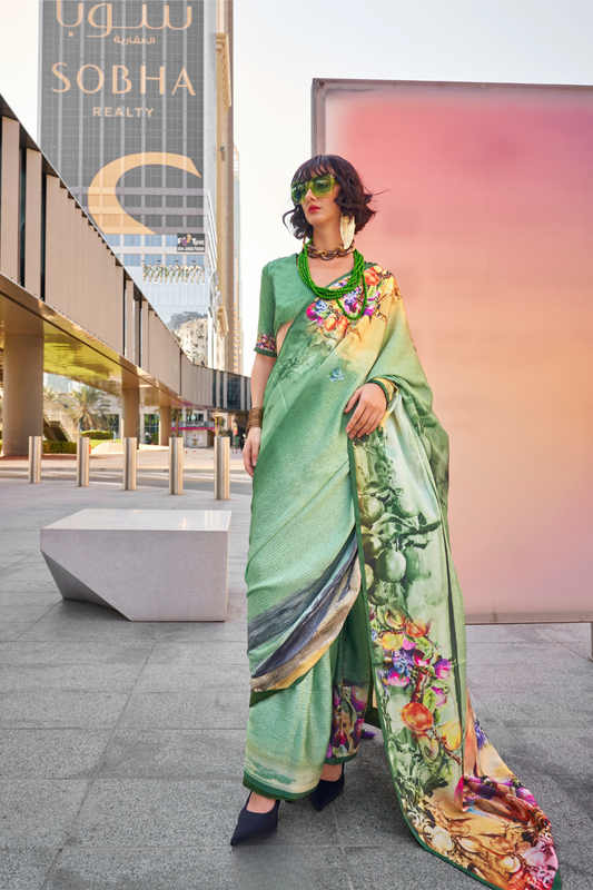 Stylish Swiss Satin Saree with Premium Digital Artwork Prints
