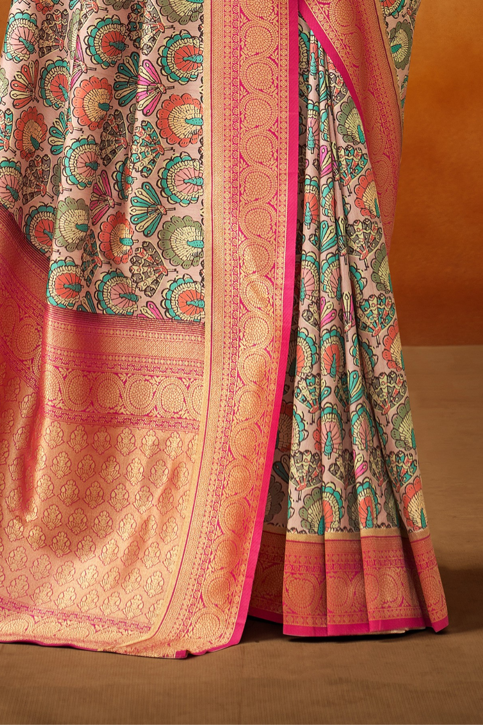 Tusser Silk Saree with Kalamkari Print & Banarasi Zari Border