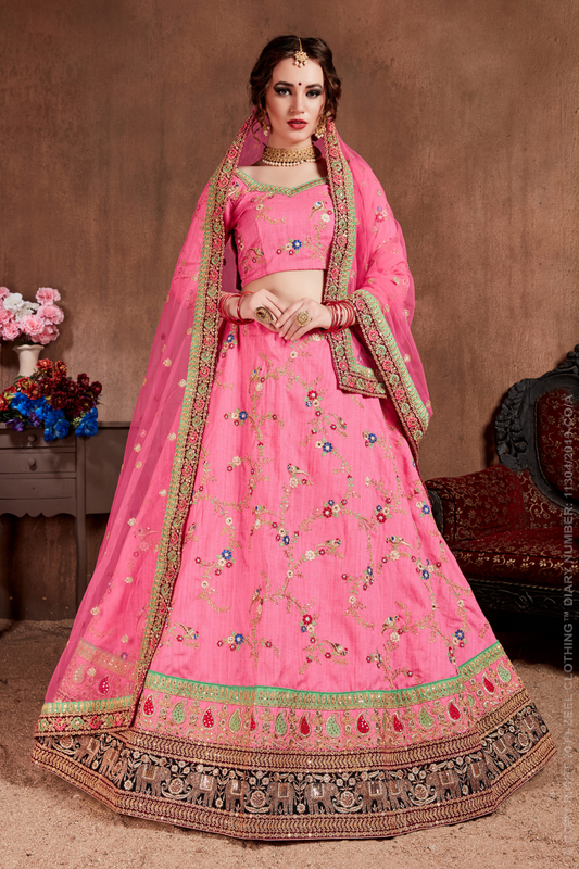 Luxurious Embroidered Mulberry Silk Bridal Lehenga Choli with Dupatta