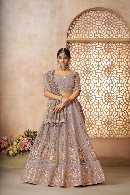 Luxurious Tissue Lehenga Adorned with Banarasi Patches and Zari Craftsmanship