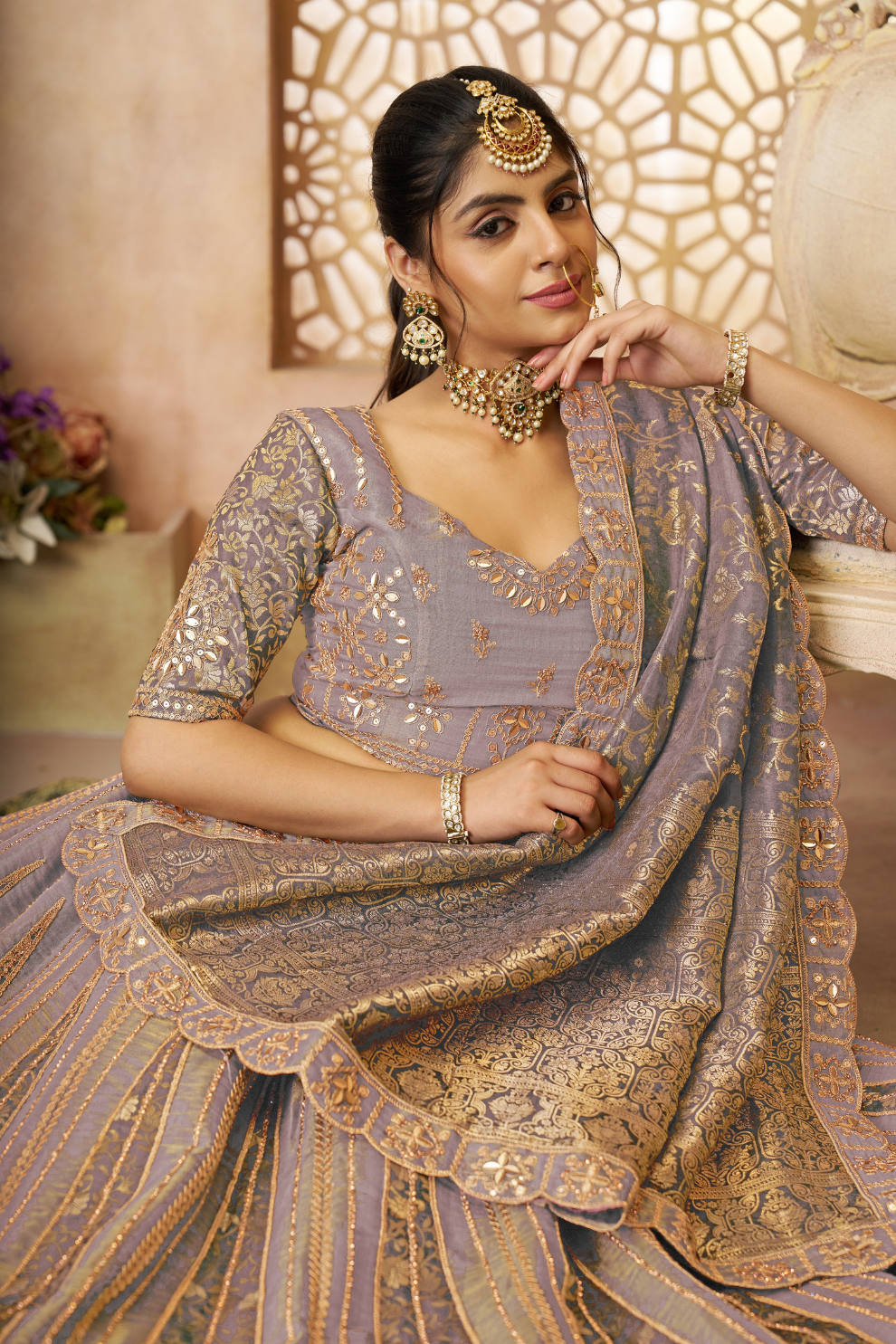 Luxurious Tissue Lehenga Adorned with Banarasi Patches and Zari Craftsmanship