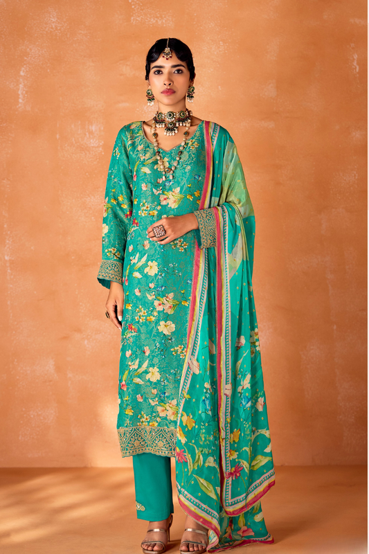 Pure Kanjivaram Salwar Suit with Digital Embroidered Borders
