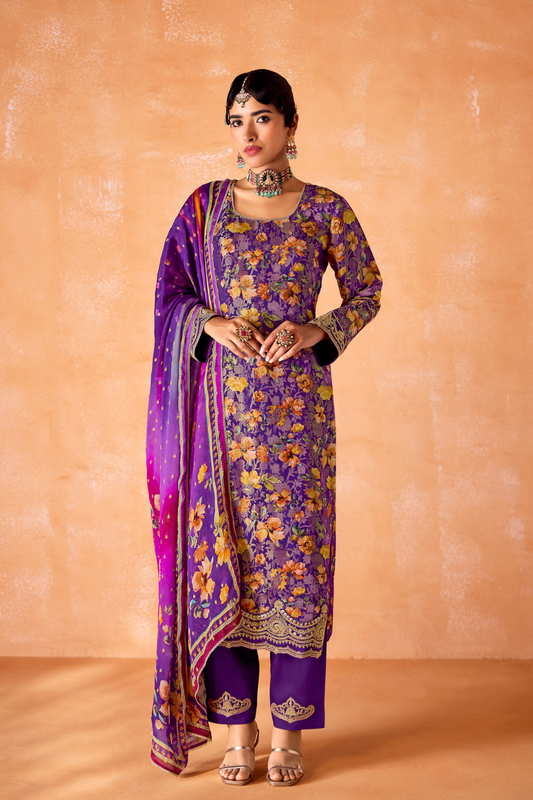Pure Kanjivaram Salwar Suit with Digital Embroidered Borders