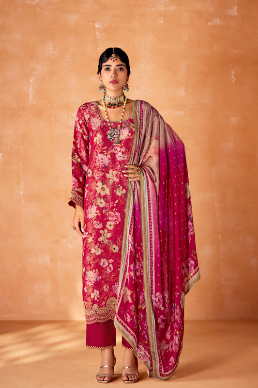 Pure Kanjivaram Salwar Suit with Digital Embroidered Borders