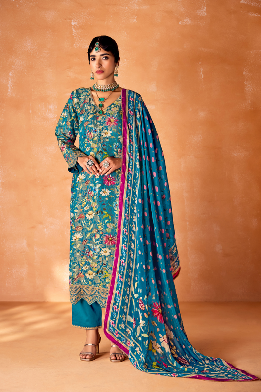 Pure Kanjivaram Salwar Suit with Digital Embroidered Borders