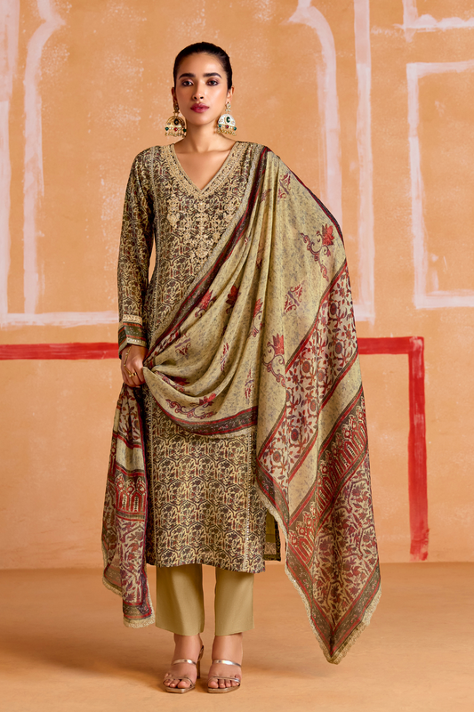 Pure Muslin Straight Salwar Suit with Ceremonial Pitta Embroidery