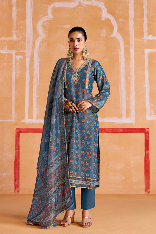 Pure Muslin Straight Salwar Suit with Ceremonial Pitta Embroidery