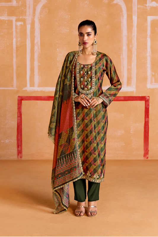 Pure Muslin Straight Salwar Suit with Ceremonial Pitta Embroidery
