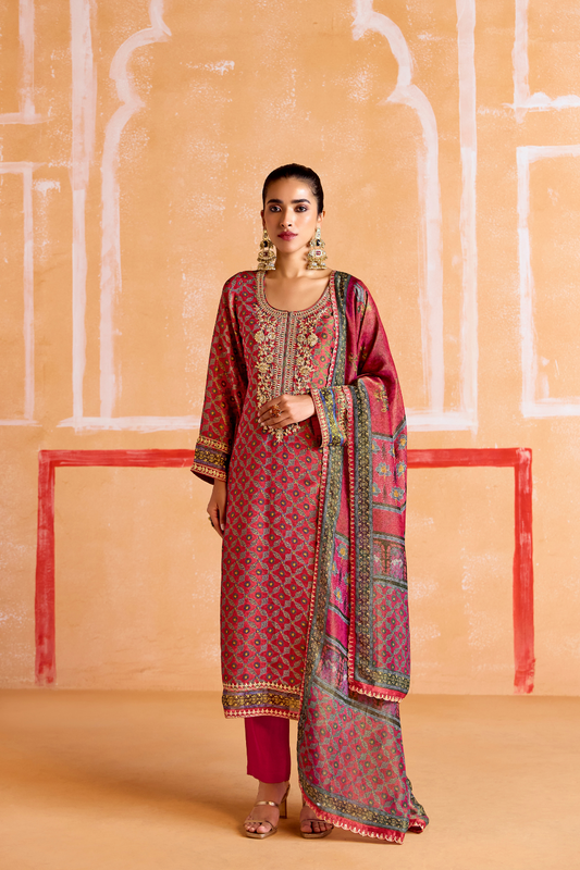 Pure Muslin Straight Salwar Suit with Ceremonial Pitta Embroidery