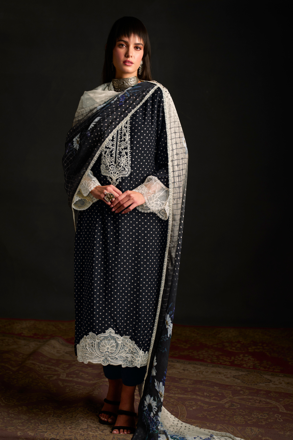 Chic Muslin Salwar Suit with Prints & Embroidered Organza Sleeves