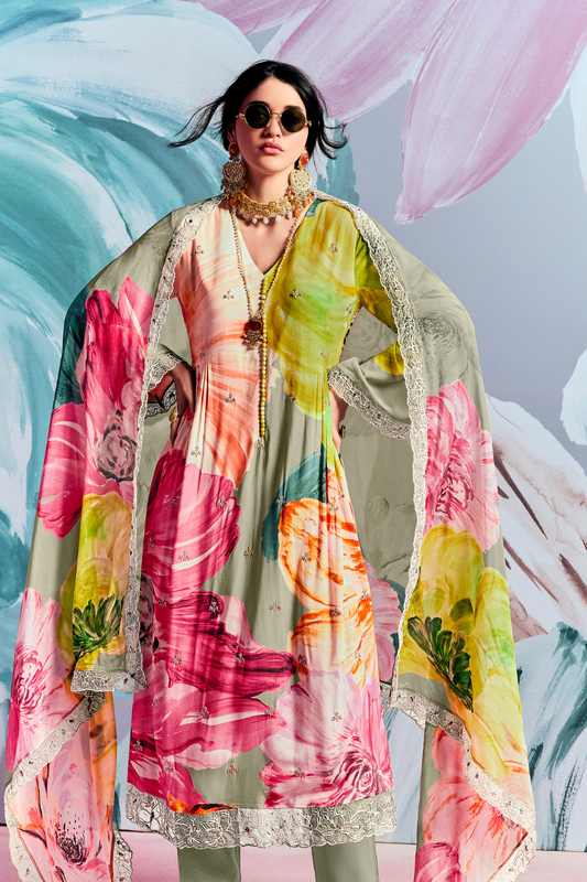 Pure Muslin Embroidered Salwar Suit with Pearl Cutwork Finish