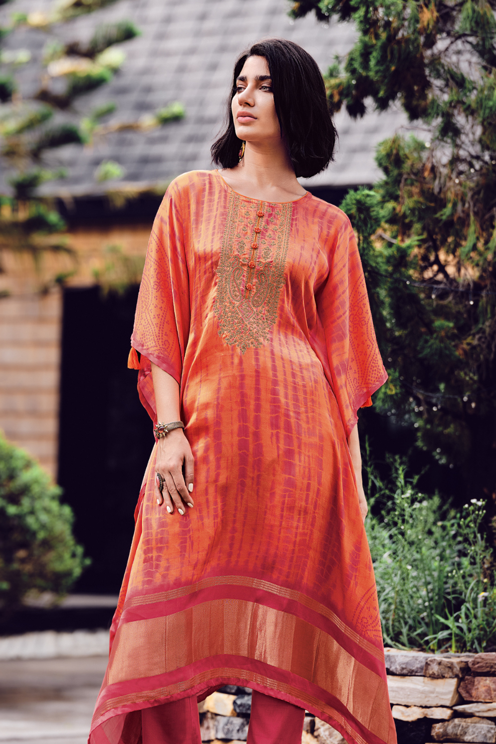 Elegant Shibori Pattern Viscose Kaftan with Pants