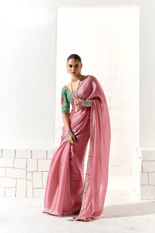 Tissue Silk Saree with Heavy Embroidered Border for Grand Occasions