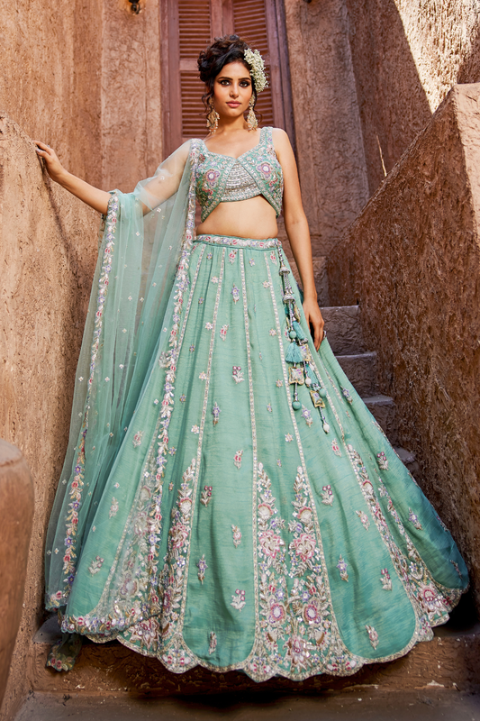 Designer Tissue Lehenga Choli & Dupatta Featuring Sequins Work