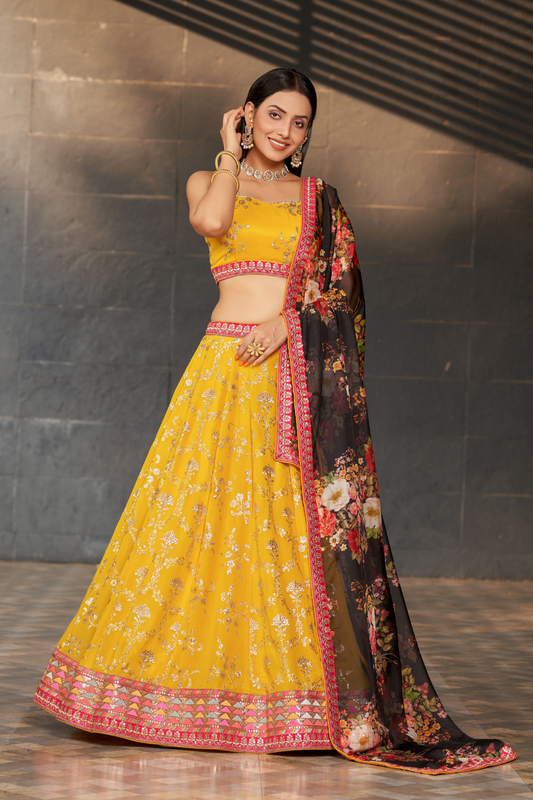 Elegant Digital Printed Ensemble with Sequins, Zari, Thread & Dori Embroidery