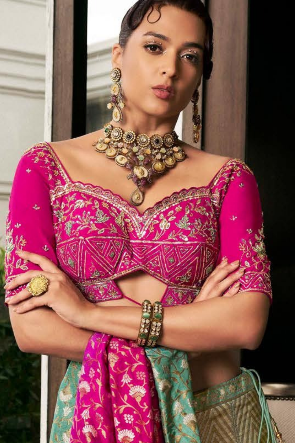 Sage Green Brocade Silk Lehenga Set with Intricate Embellishments - LaVante Fashion