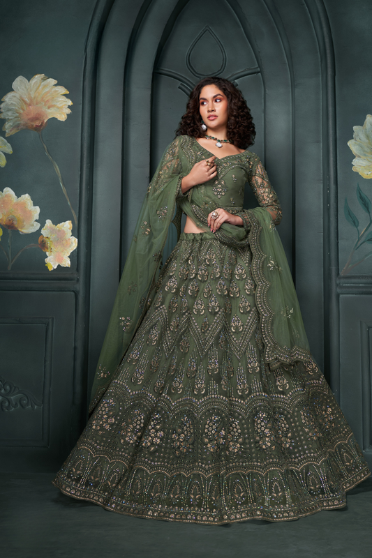 Elegant Mehendi Green Bridal Lehenga With Rich Embroidery