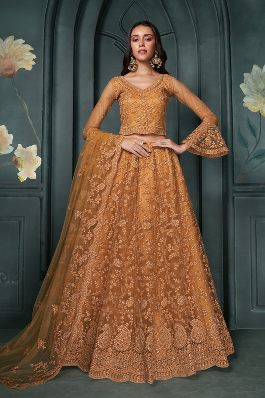 Gold Net Lehenga With Intricate Embroidery For Special Occasions