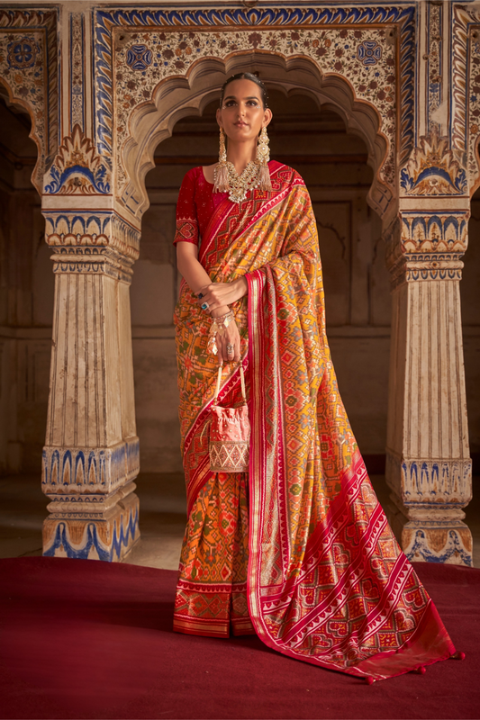 Tangerine Orange Patola Cotton Silk Designer Saree for Festive Wear