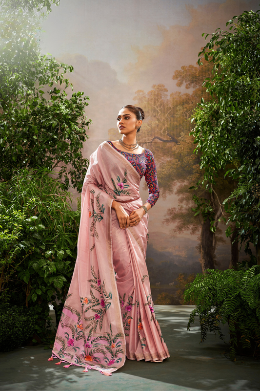 Soft Linen Tissue Silk Saree with Hand Brush Print & Kalamkari Blouse - LaVante Fashion